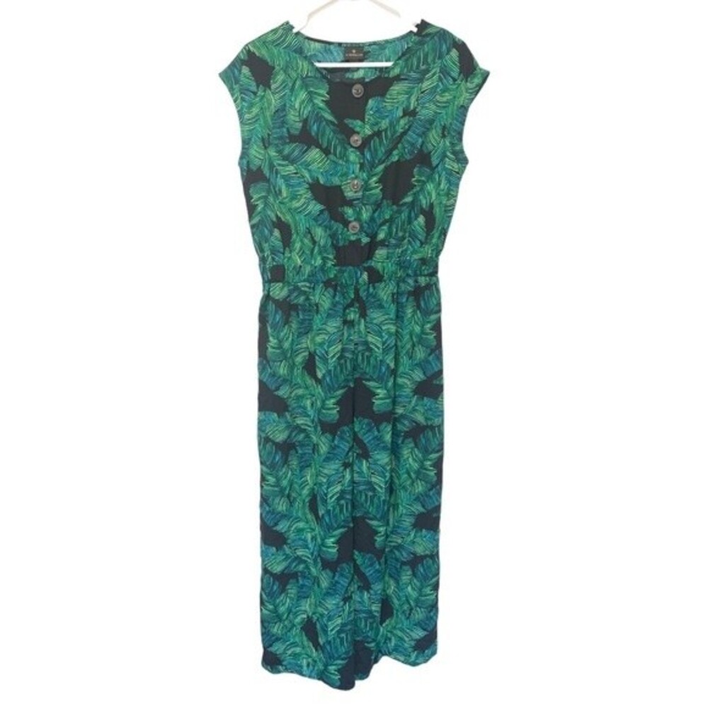 Worthington | Tropical Green Black Leaf Elastic Waist Wide leg Jumpsuit M